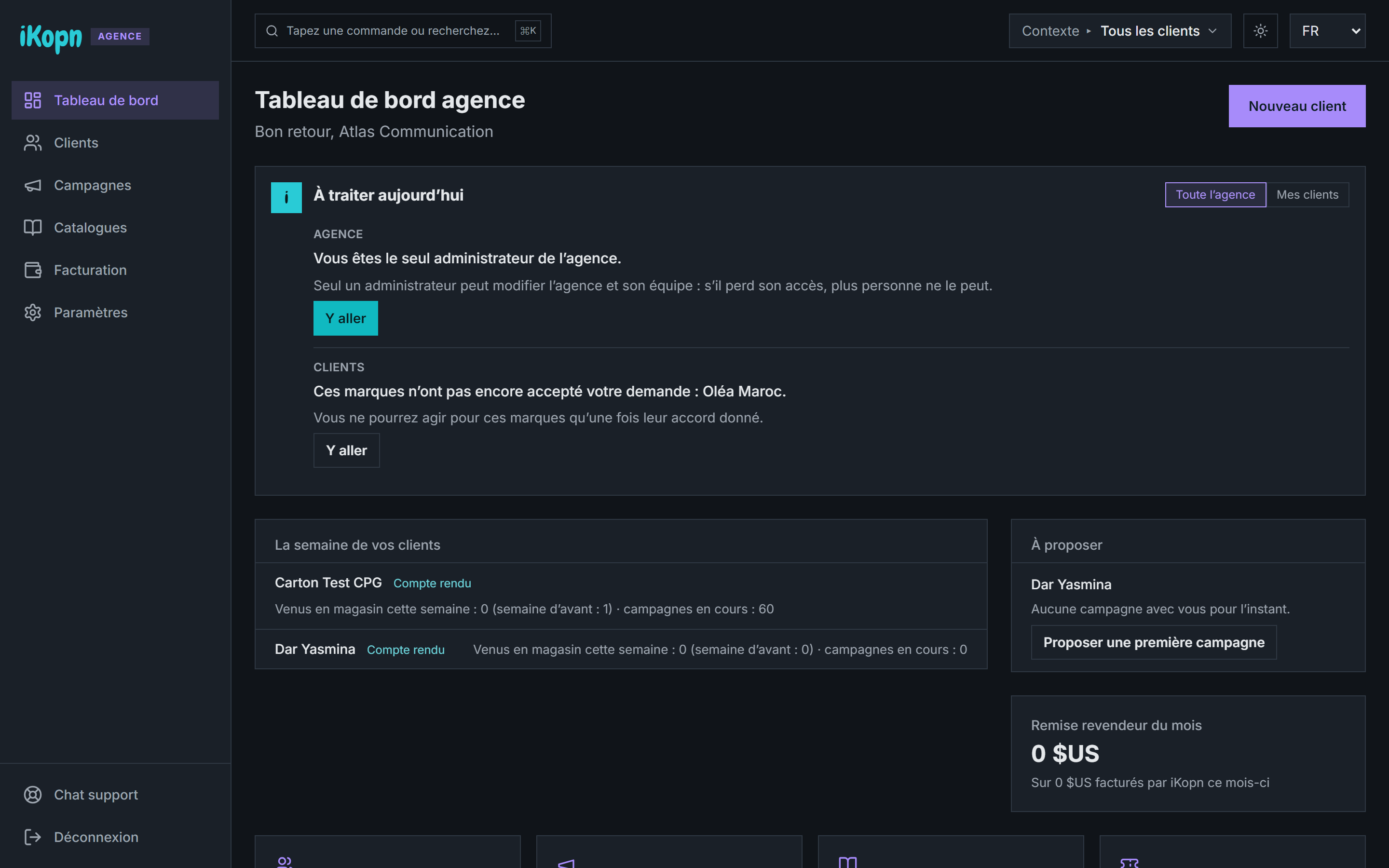 iKopn agency console, dashboard with all clients