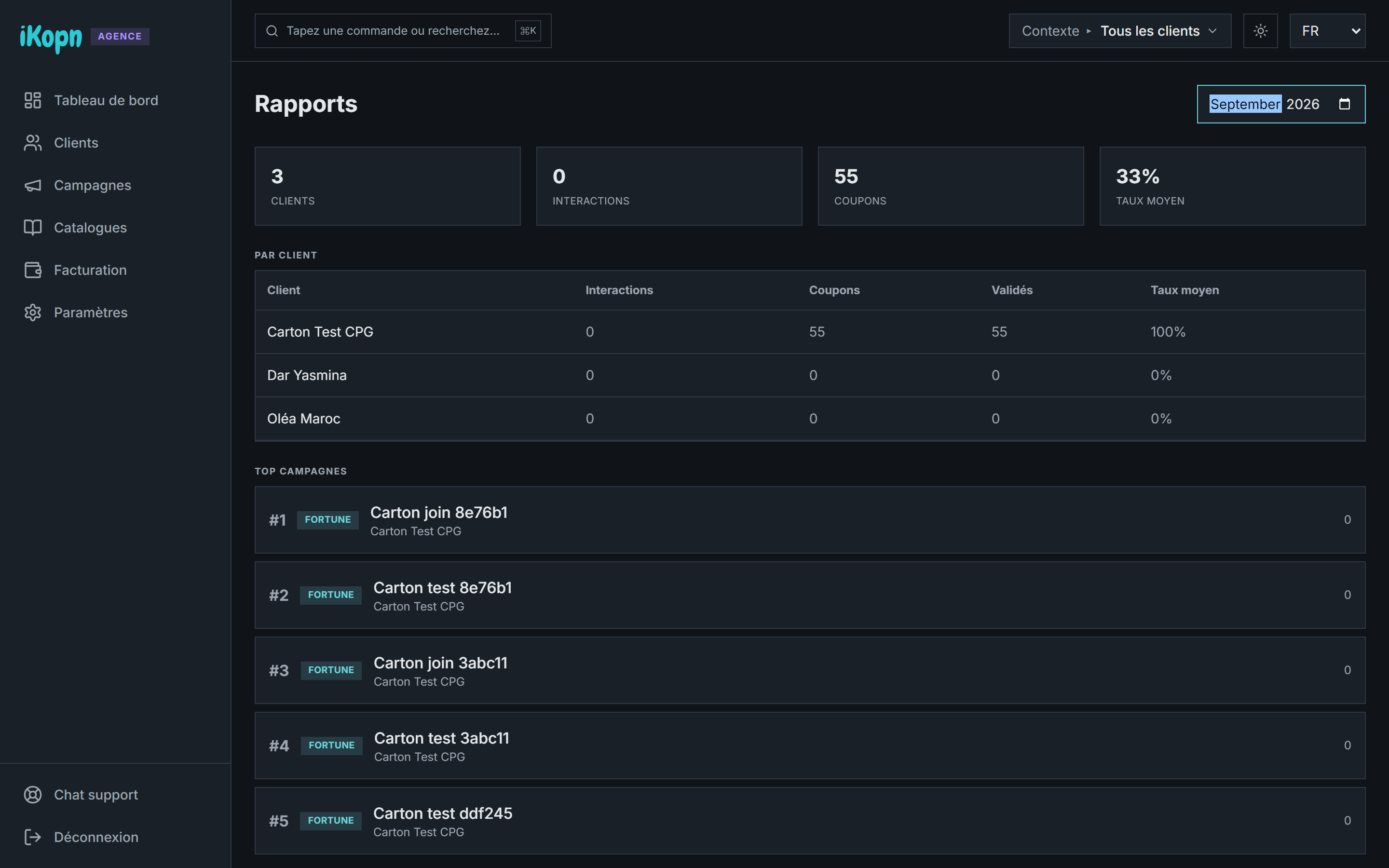 iKopn agency console, monthly report per client