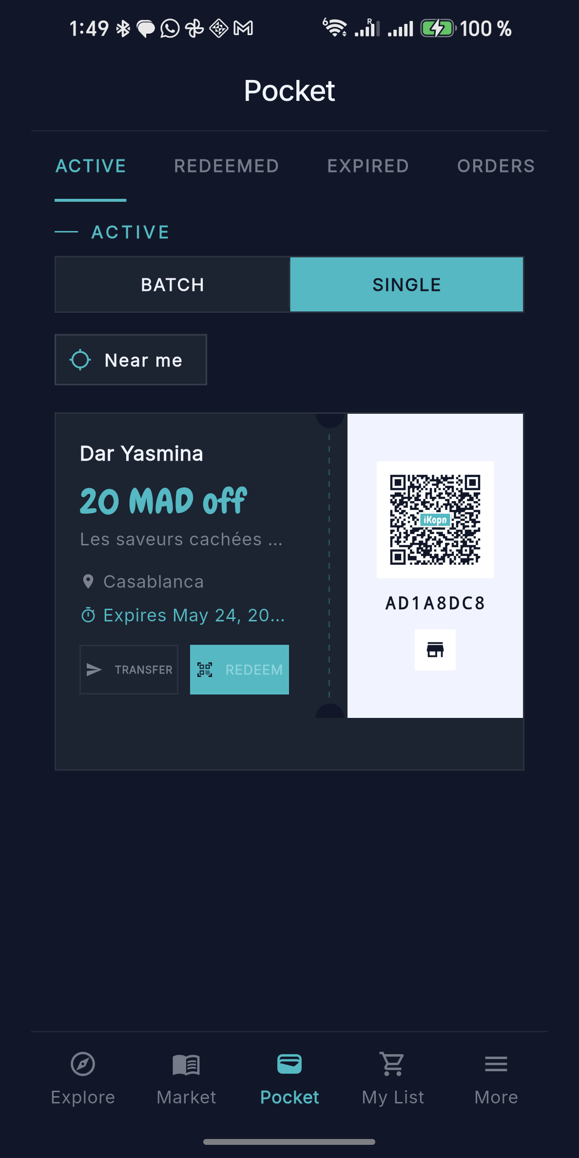 iKopn app, Pocket with a coupon and its QR code