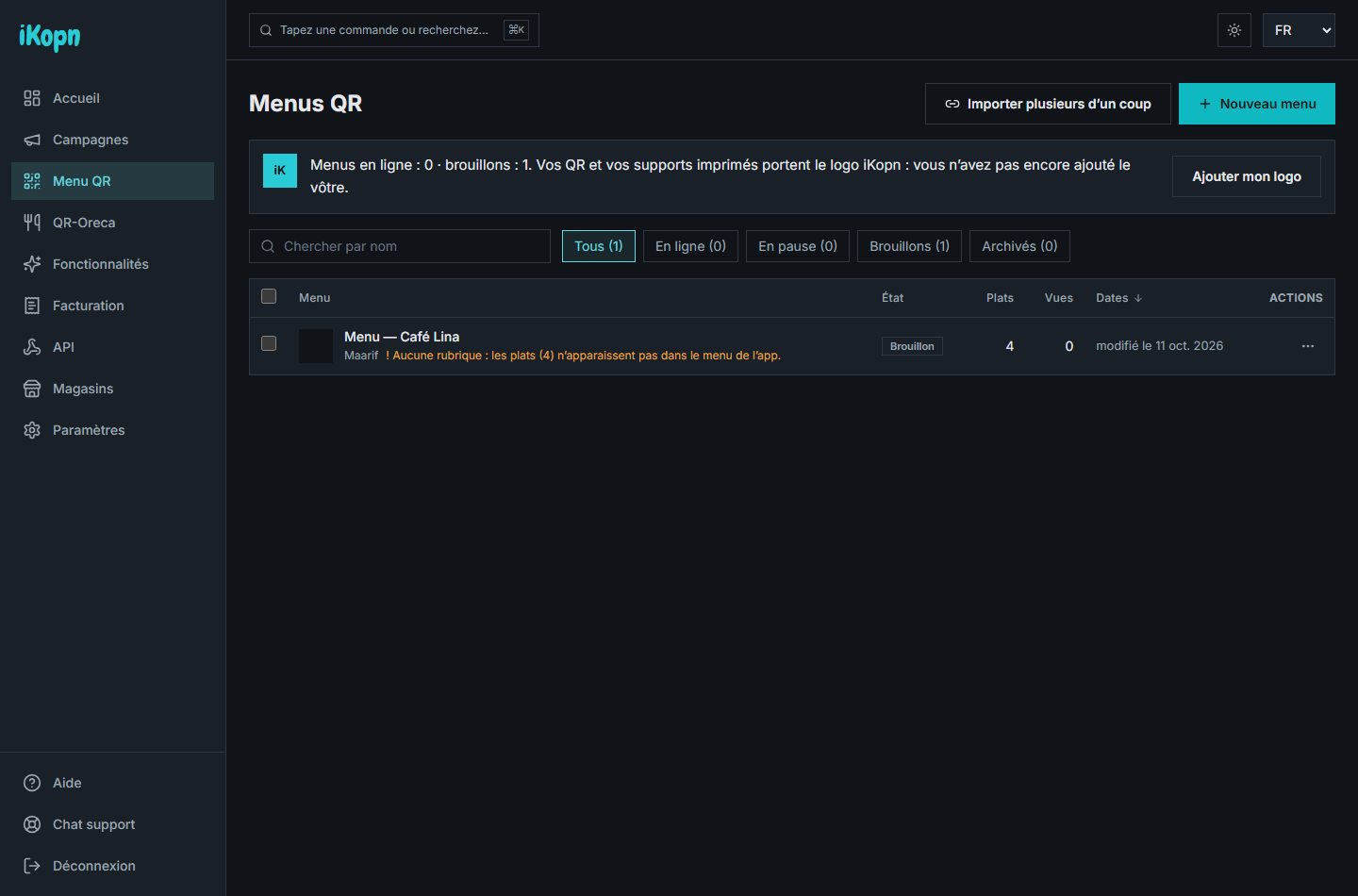 iKopn partner console, menus and catalogues